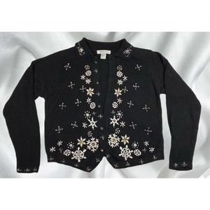 Vintage Embroidered Beaded Snowflake Christmas Winter Button Front Cardigan